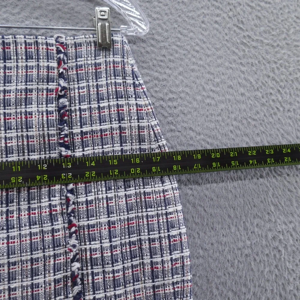 J Crew Womens Navy‎ Blue Red White Plaid Tweed Fringe Pencil Skirt Size 4
